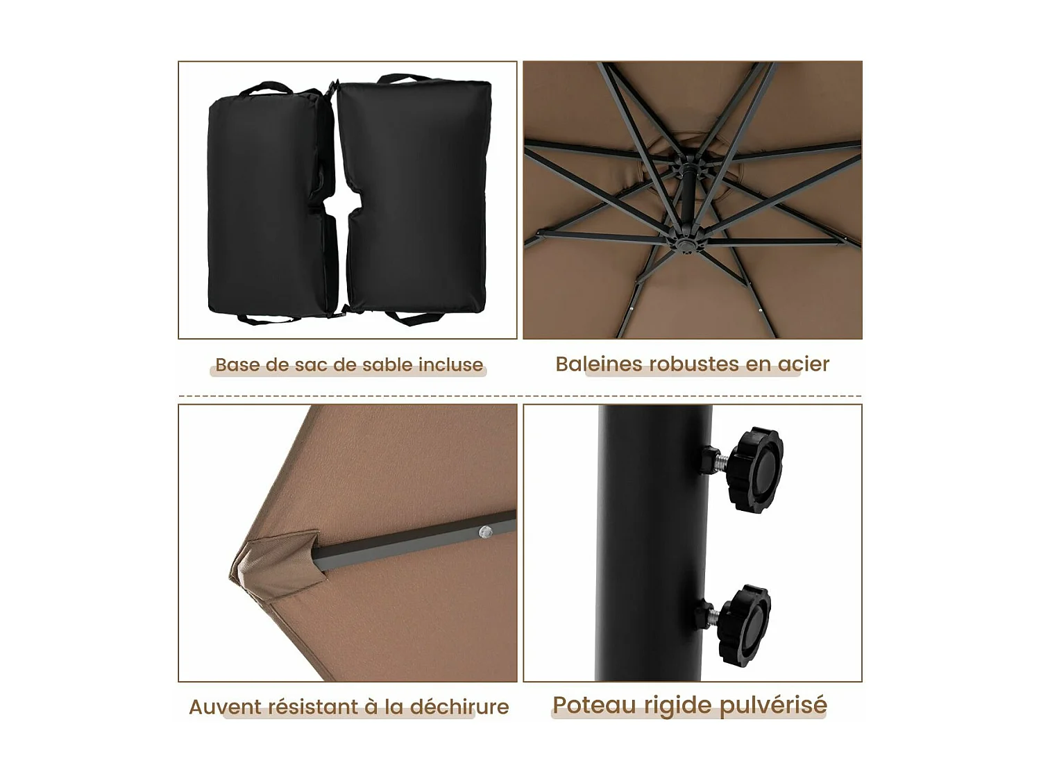 Parasol Déporté 3 x 3M, Grand Parasol de Jardin Extérieur Lumineux LED Solaire avec 2 Sacs de Sable, Base Croisée, Parasol Inclinable avec Manivelle, pour Balcon, Jardin, Terrasse Plage (Brun)