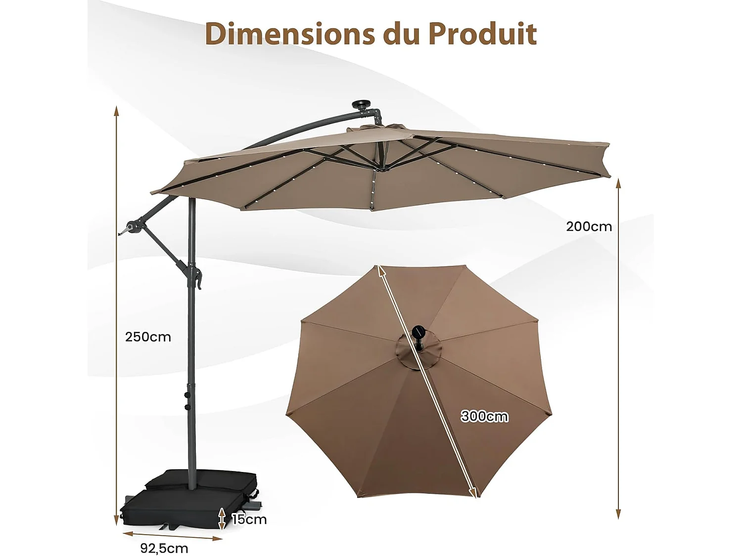 Parasol Déporté 3 x 3M, Grand Parasol de Jardin Extérieur Lumineux LED Solaire avec 2 Sacs de Sable, Base Croisée, Parasol Inclinable avec Manivelle, pour Balcon, Jardin, Terrasse Plage (Brun)