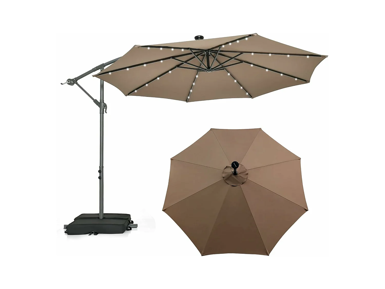 Parasol Déporté 3 x 3M, Grand Parasol de Jardin Extérieur Lumineux LED Solaire avec 2 Sacs de Sable, Base Croisée, Parasol Inclinable avec Manivelle, pour Balcon, Jardin, Terrasse Plage (Brun)