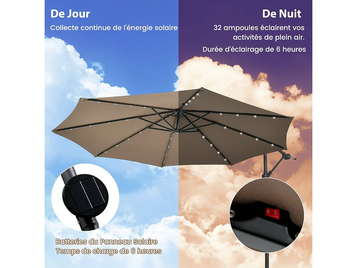 Parasol Déporté 3 x 3M, Grand Parasol de Jardin Extérieur Lumineux LED Solaire avec 2 Sacs de Sable, Base Croisée, Parasol Inclinable avec Manivelle, pour Balcon, Jardin, Terrasse Plage (Brun)