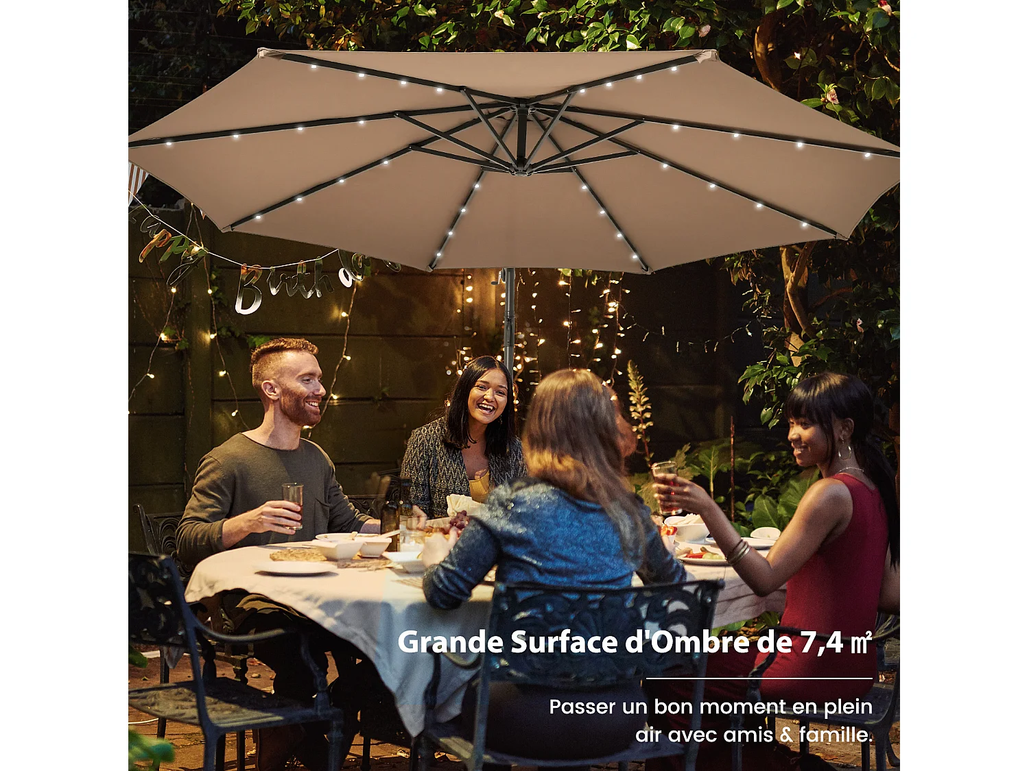 Parasol Déporté 3 x 3M, Grand Parasol de Jardin Extérieur Lumineux LED Solaire avec 2 Sacs de Sable, Base Croisée, Parasol Inclinable avec Manivelle, pour Balcon, Jardin, Terrasse Plage (Brun)