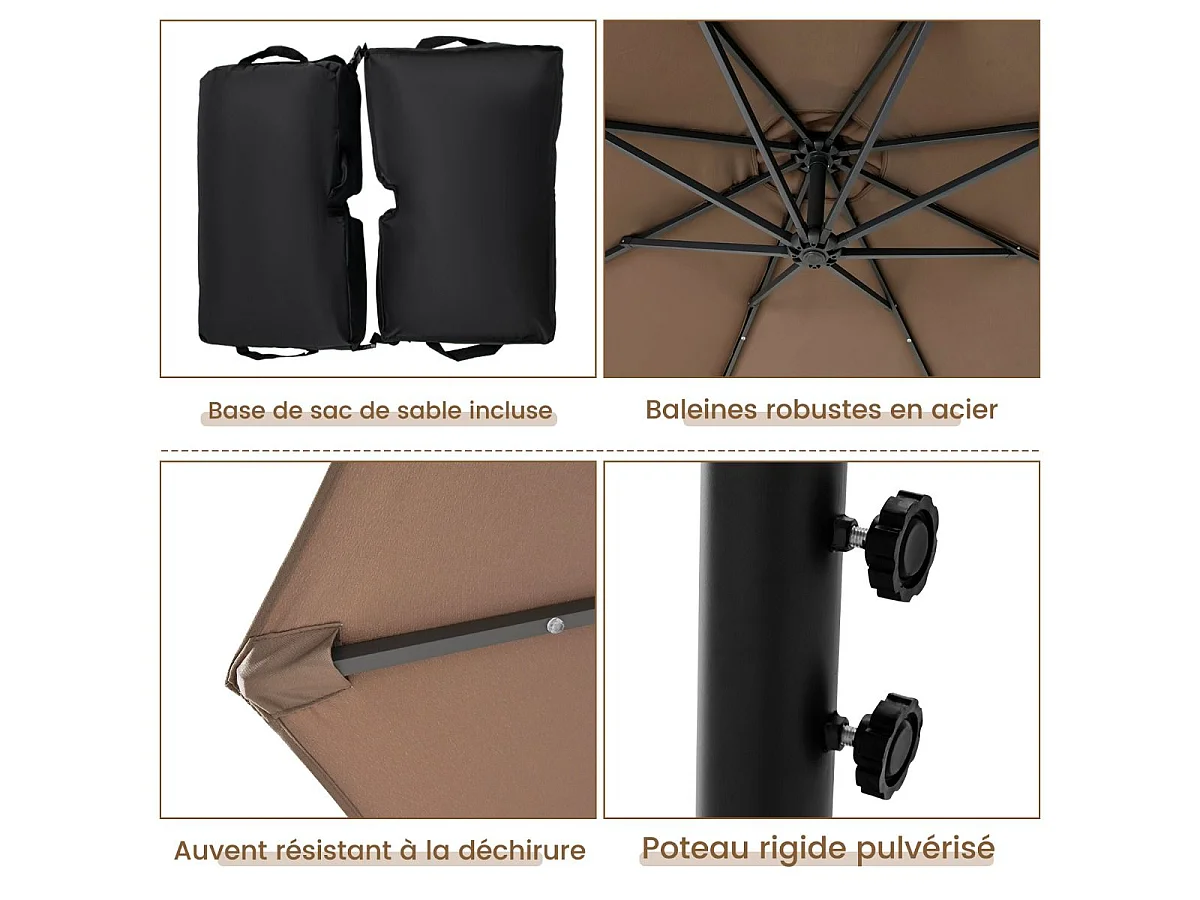 Parasol Déporté 3 x 3M, Grand Parasol de Jardin Extérieur Lumineux LED Solaire avec 2 Sacs de Sable, Base Croisée, Parasol Inclinable avec Manivelle, pour Balcon, Jardin, Terrasse Plage (Brun)