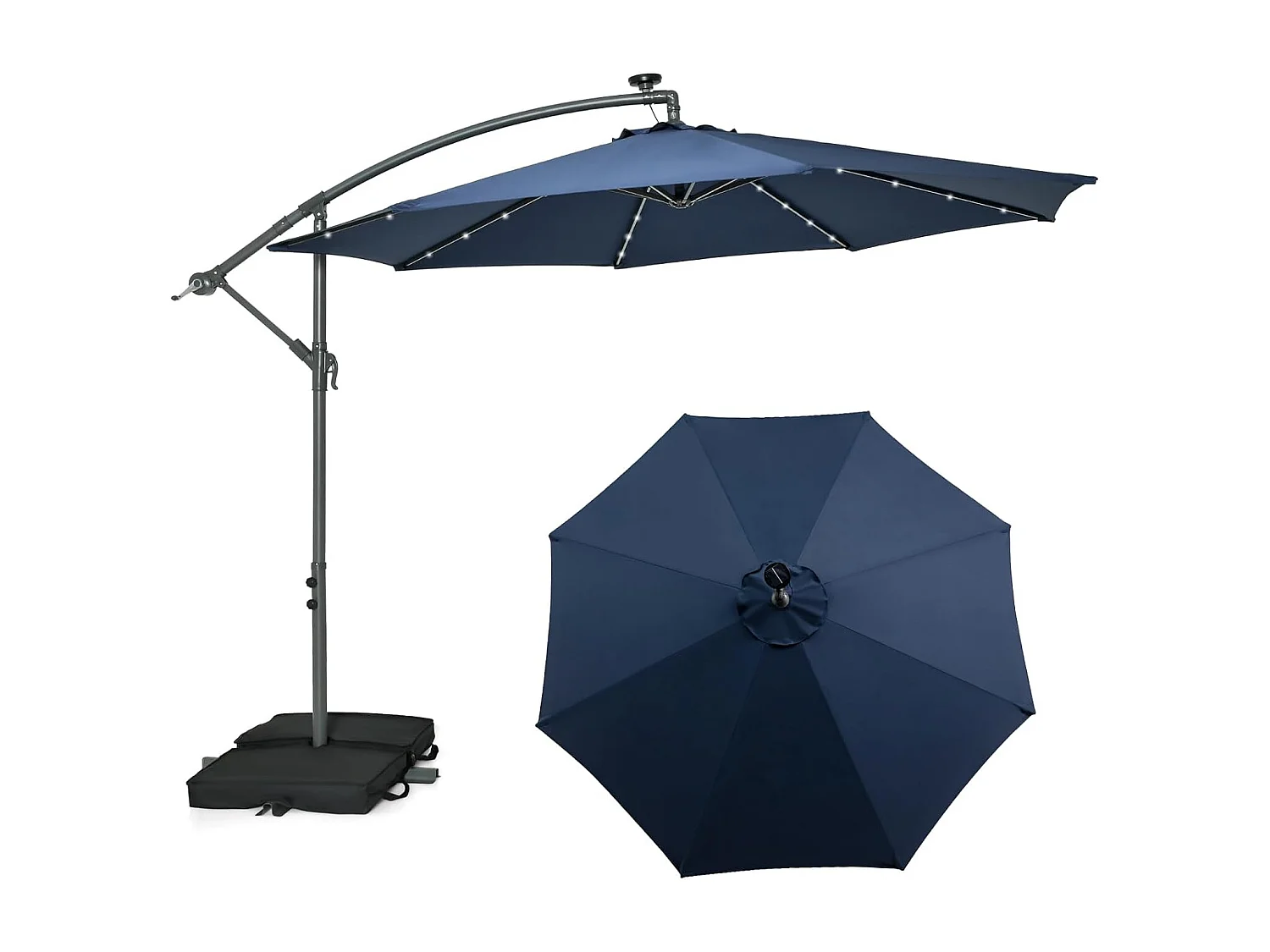 3 x 3 M Offset Parasol, Grote Solar Verlichte Buitentuin Parasol met 2 Zandzakken, Kruisvoet, Kantelbare Parasol met Slinger, voor Balkon, Tuin, Terras, Strand (Blauw)