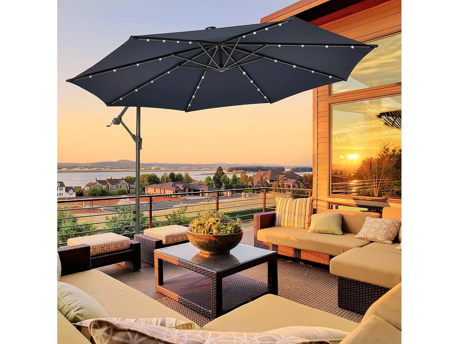 3 x 3 M Offset Parasol, Grote Solar Verlichte Buitentuin Parasol met 2 Zandzakken, Kruisvoet, Kantelbare Parasol met Slinger, voor Balkon, Tuin, Terras, Strand (Blauw)
