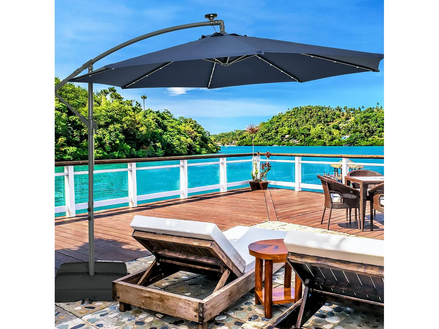 3 x 3 M Offset Parasol, Grote Solar Verlichte Buitentuin Parasol met 2 Zandzakken, Kruisvoet, Kantelbare Parasol met Slinger, voor Balkon, Tuin, Terras, Strand (Blauw)