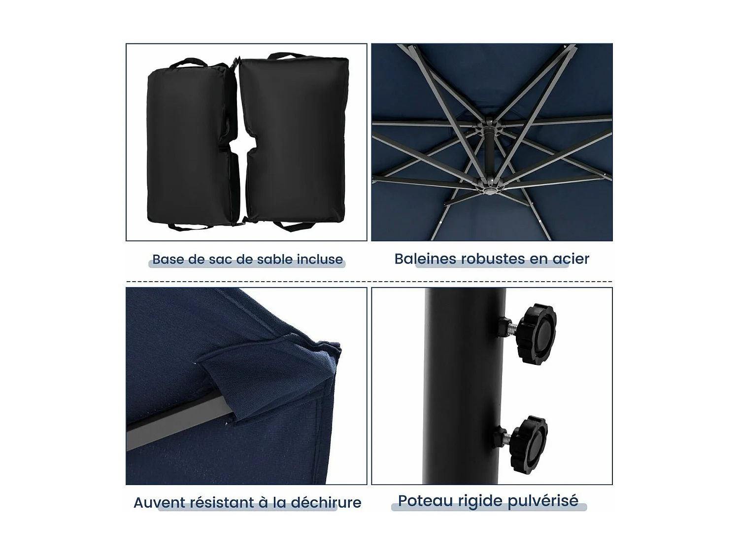 3 x 3 M Offset Parasol, Grote Solar Verlichte Buitentuin Parasol met 2 Zandzakken, Kruisvoet, Kantelbare Parasol met Slinger, voor Balkon, Tuin, Terras, Strand (Blauw)