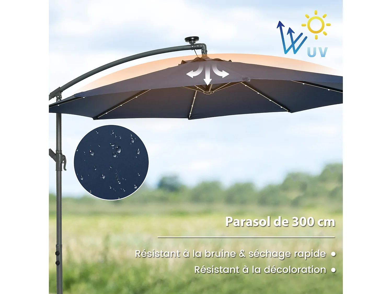 Parasol Déporté 3 x 3 M, Grand Parasol de Jardin Extérieur Lumineux LED Solaire avec 2 Sacs de Sable, Base Croisée, Parasol Inclinable avec Manivelle, pour Balcon, Jardin, Terrasse, Plage(Bleu)