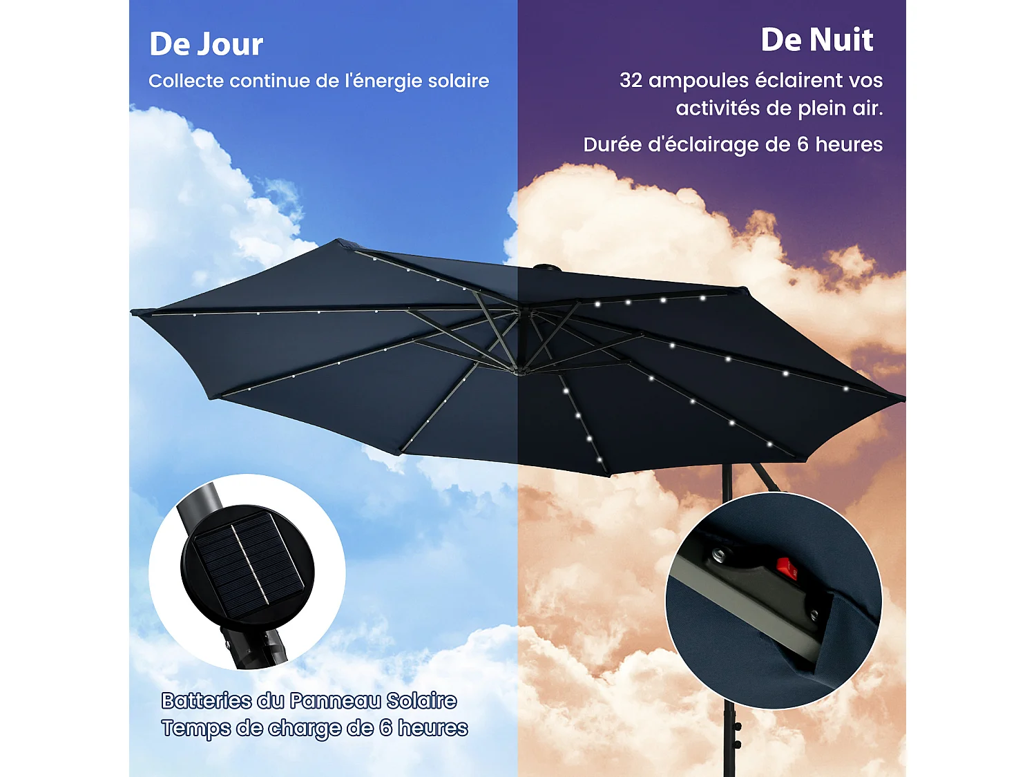 Parasol Déporté 3 x 3 M, Grand Parasol de Jardin Extérieur Lumineux LED Solaire avec 2 Sacs de Sable, Base Croisée, Parasol Inclinable avec Manivelle, pour Balcon, Jardin, Terrasse, Plage(Bleu)