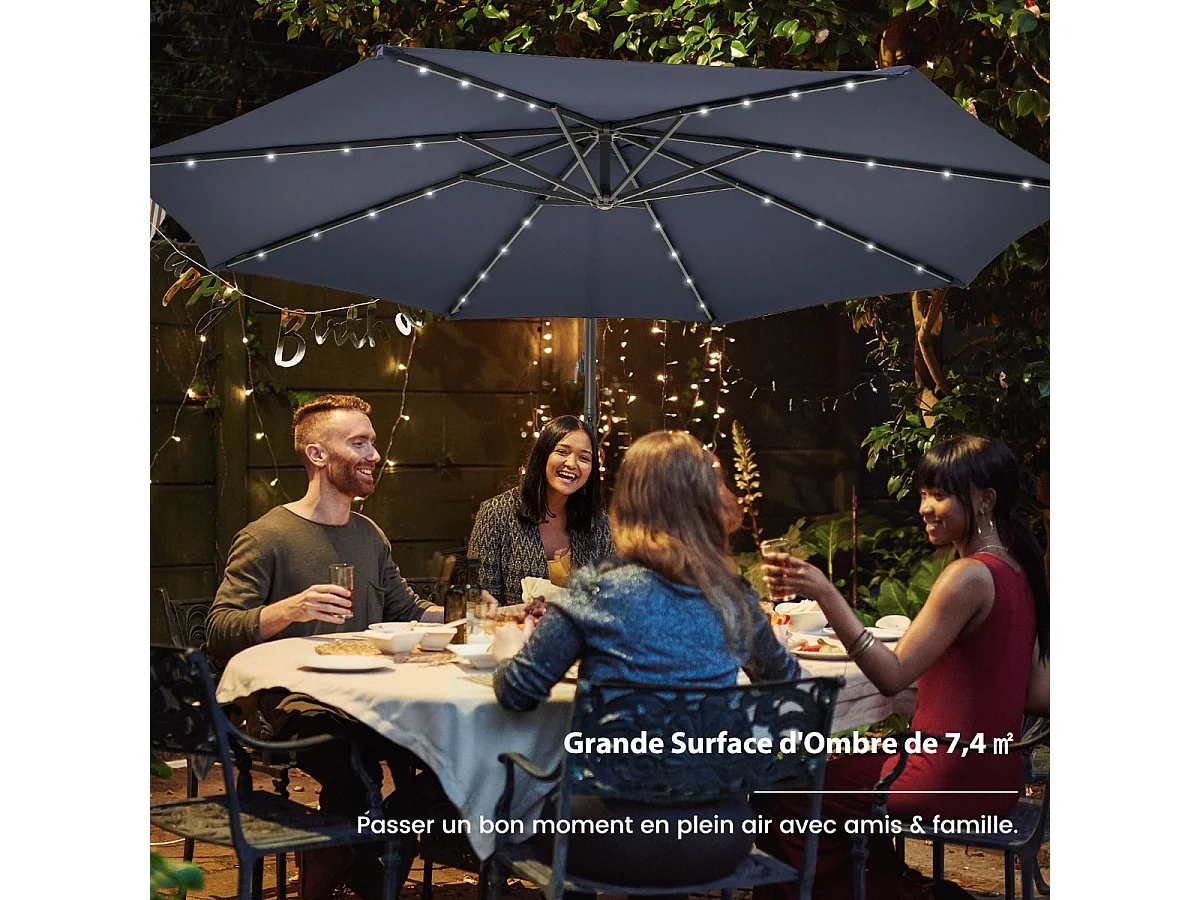 Parasol Déporté 3 x 3 M, Grand Parasol de Jardin Extérieur Lumineux LED Solaire avec 2 Sacs de Sable, Base Croisée, Parasol Inclinable avec Manivelle, pour Balcon, Jardin, Terrasse, Plage(Bleu)