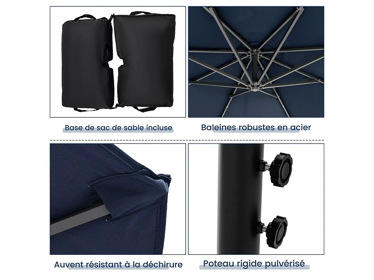 Parasol Déporté 3 x 3 M, Grand Parasol de Jardin Extérieur Lumineux LED Solaire avec 2 Sacs de Sable, Base Croisée, Parasol Inclinable avec Manivelle, pour Balcon, Jardin, Terrasse, Plage(Bleu)