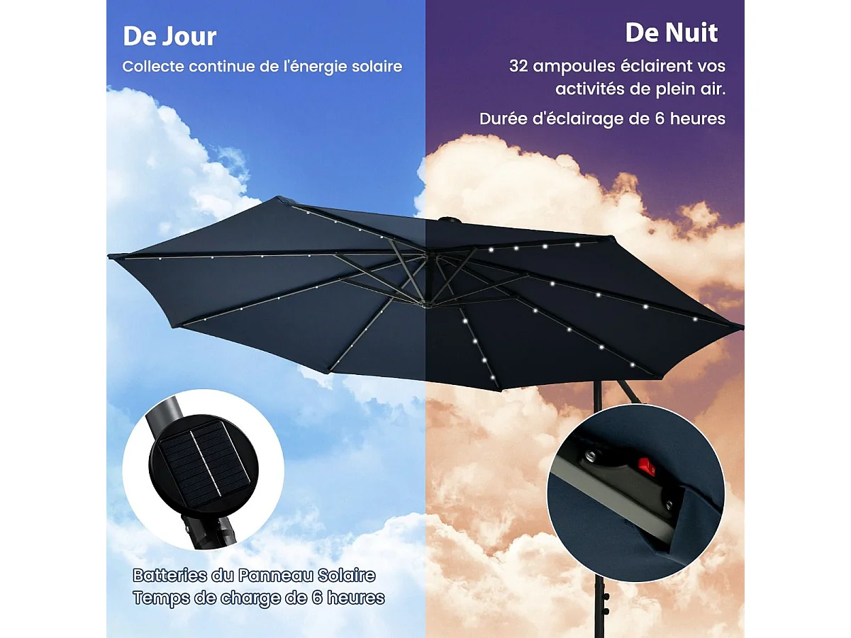 Parasol Déporté 3 x 3 M, Grand Parasol de Jardin Extérieur Lumineux LED Solaire avec 2 Sacs de Sable, Base Croisée, Parasol Inclinable avec Manivelle, pour Balcon, Jardin, Terrasse, Plage(Bleu)