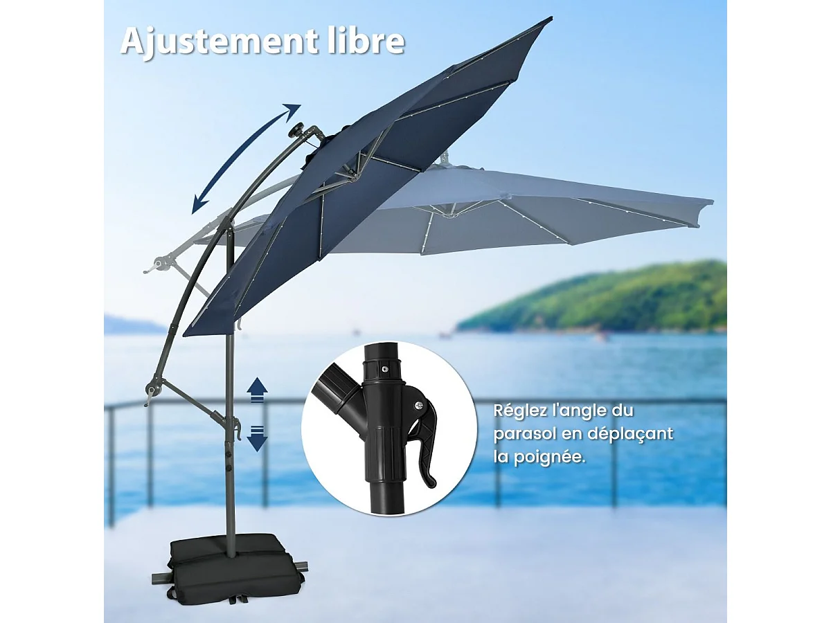 Parasol Déporté 3 x 3 M, Grand Parasol de Jardin Extérieur Lumineux LED Solaire avec 2 Sacs de Sable, Base Croisée, Parasol Inclinable avec Manivelle, pour Balcon, Jardin, Terrasse, Plage(Bleu)