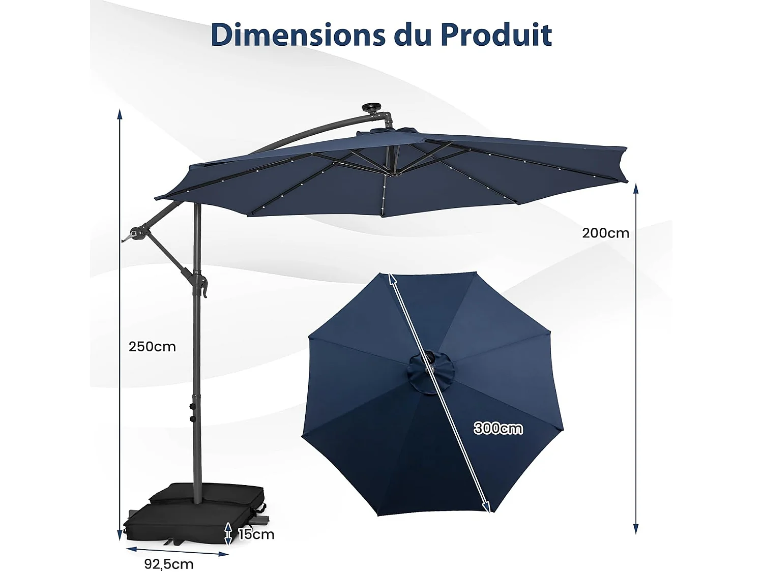 Parasol Déporté 3 x 3 M, Grand Parasol de Jardin Extérieur Lumineux LED Solaire avec 2 Sacs de Sable, Base Croisée, Parasol Inclinable avec Manivelle, pour Balcon, Jardin, Terrasse, Plage(Bleu)