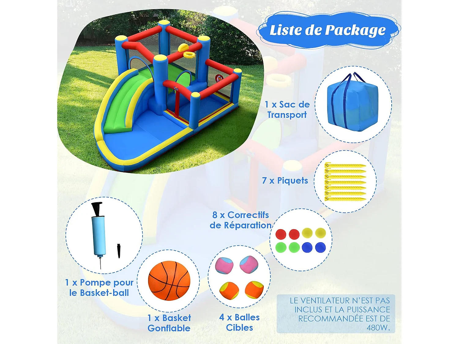 Toboggan Aquatique Gonflable pour Enfants avec Toboggan Balles Cibles, Ballon de Basket Sac de Transport sans Gonfleur