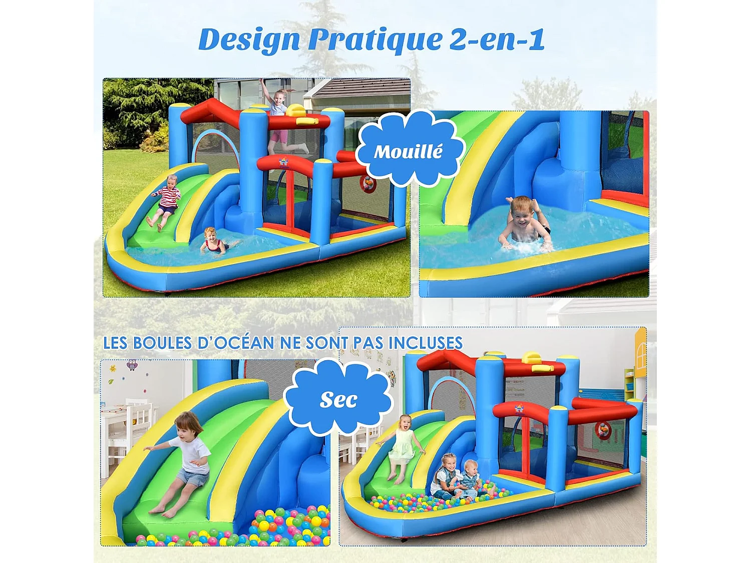Toboggan Aquatique Gonflable pour Enfants avec Toboggan Balles Cibles, Ballon de Basket Sac de Transport sans Gonfleur