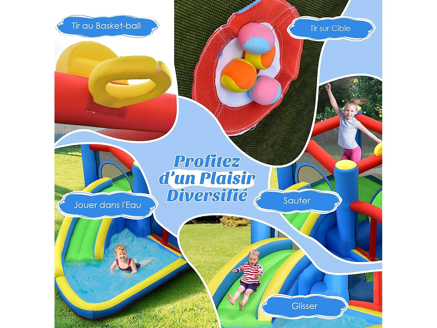 Toboggan Aquatique Gonflable pour Enfants avec Toboggan Balles Cibles, Ballon de Basket Sac de Transport sans Gonfleur