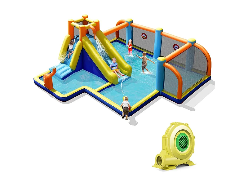 Toboggan Aquatique Gonflable avec Gonfleur 680W Piscine à Eclaboussures,Mur d'Escalade Double Canon à Eau Zone de Football