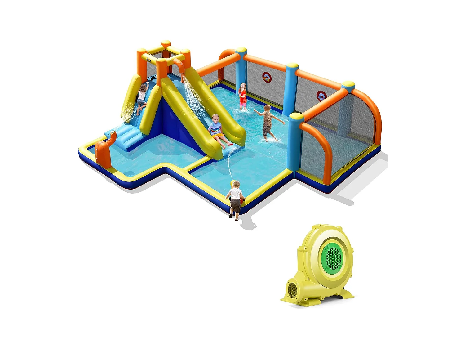 Toboggan Aquatique Gonflable avec Gonfleur 680W Piscine à Eclaboussures,Mur d'Escalade Double Canon à Eau Zone de Football