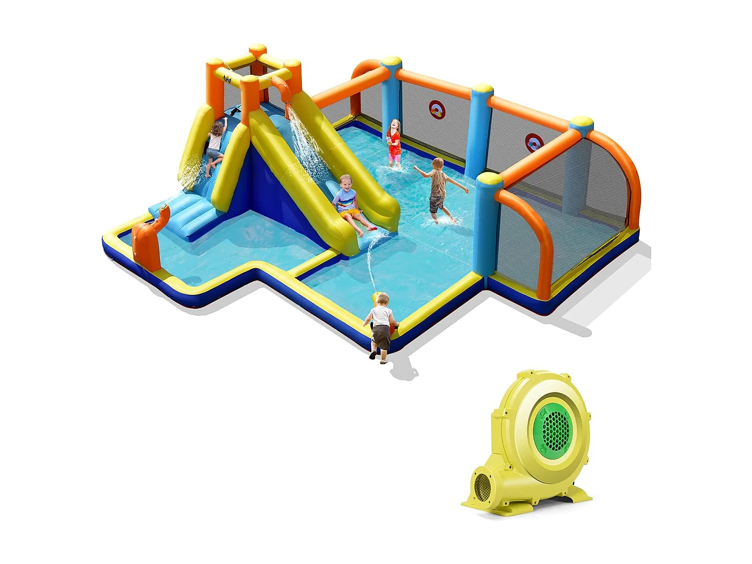 Toboggan Aquatique Gonflable avec Gonfleur 680W Piscine à Eclaboussures,Mur d'Escalade Double Canon à Eau Zone de Football