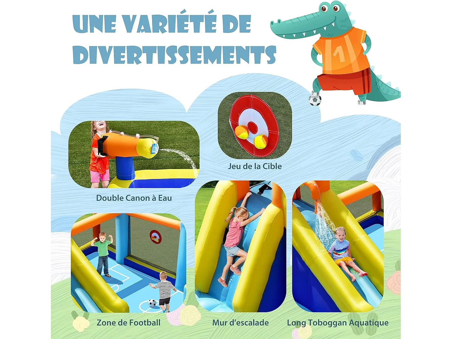 Toboggan Aquatique Gonflable avec Gonfleur 680W Piscine à Eclaboussures,Mur d'Escalade Double Canon à Eau Zone de Football