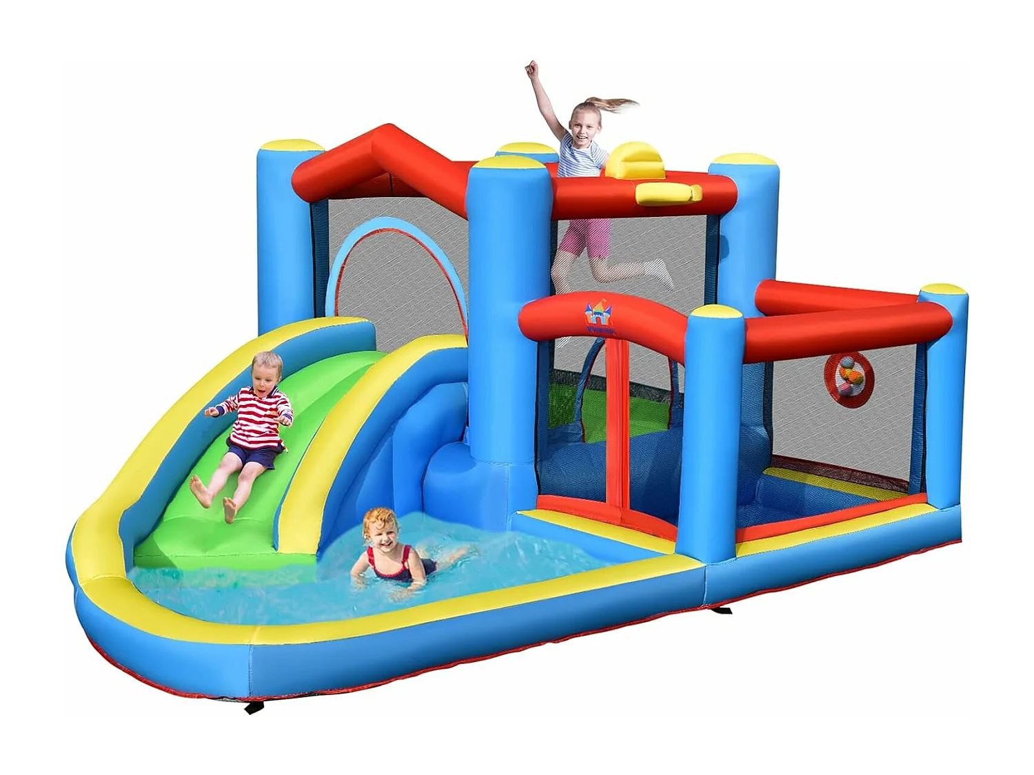 Toboggan Aquatique Gonflable pour Enfants avec Toboggan Balles Cibles, Ballon de Basket Sac de Transport avec Gonfleur 450W