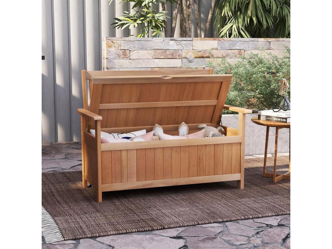 Banc de Rangement en Bois Massif, Banc de Jardin avec Compartiment de Rangement, Coffre de Stockage de 129 L, Banc d'Extérieur à 2 Places pour Porche, Patio, Charge 180 KG, 120 x 66 x 91 CM