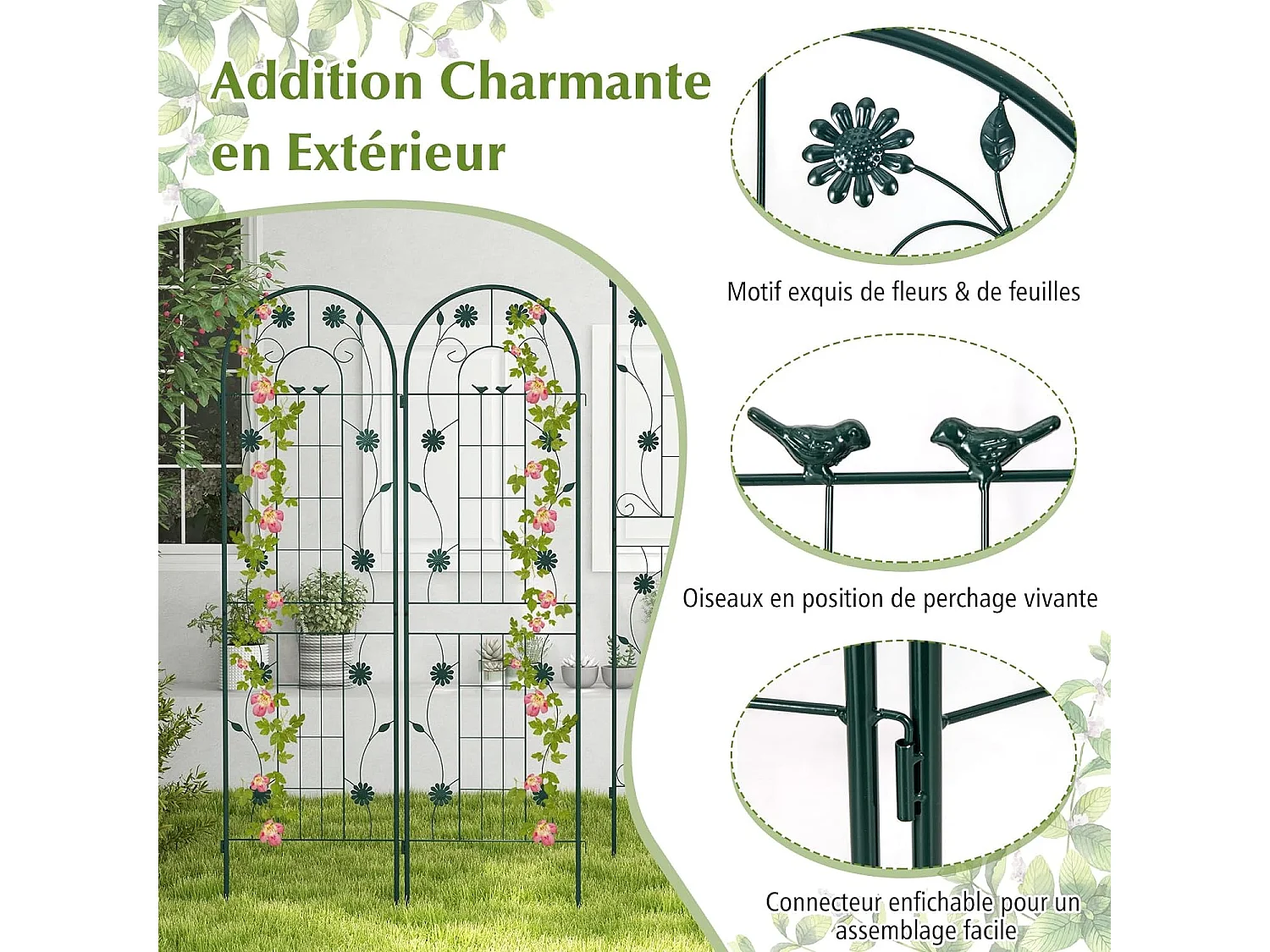 Lot de 2 Treillis de Jardin en Métal 180 x 50 cm, Clôture Décorative pour Plante Grimpante, Grille Fleurs Antirouille pour Jardin, Cour, Patio, Vert