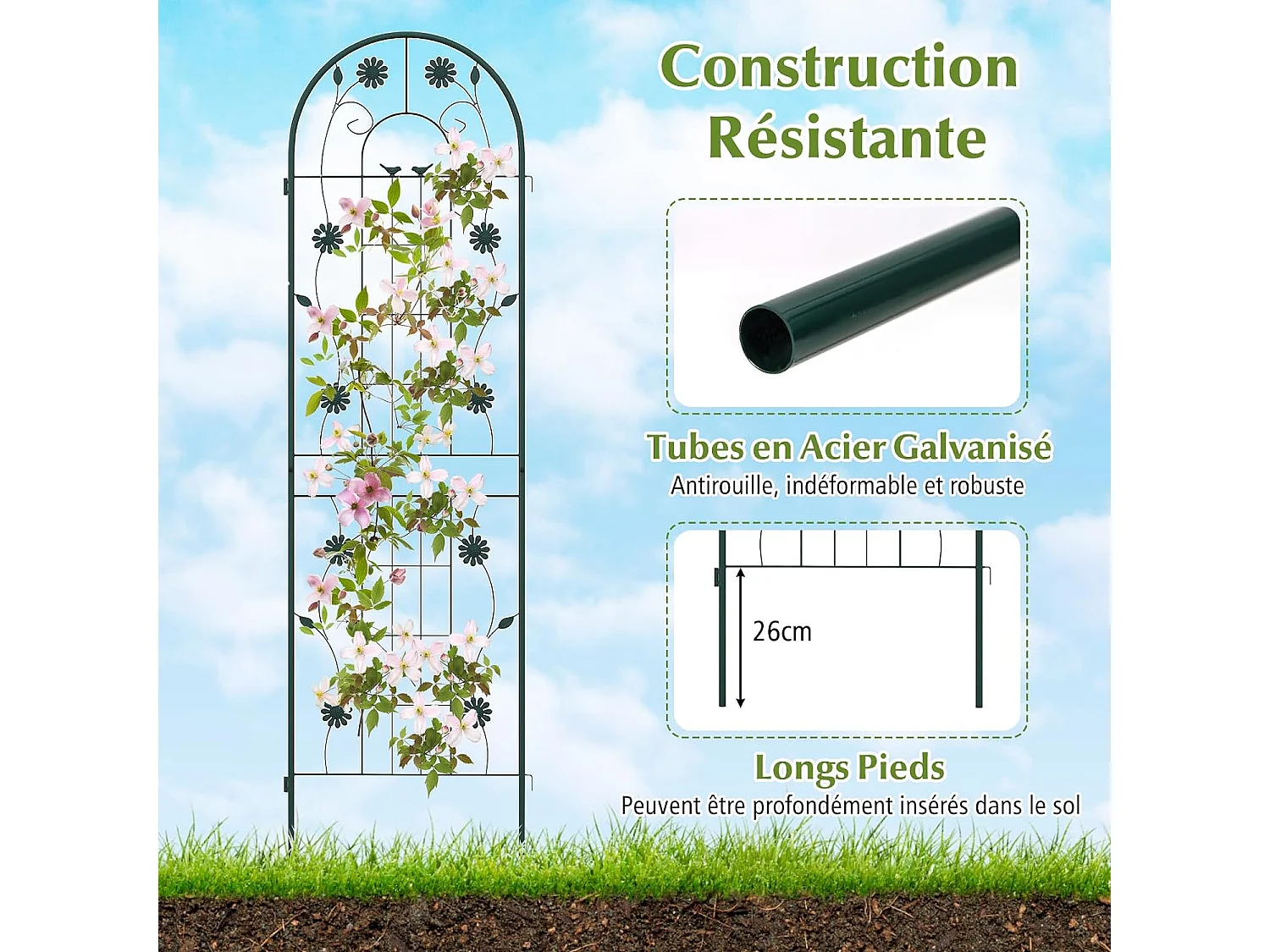 Lot de 2 Treillis de Jardin en Métal 180 x 50 cm, Clôture Décorative pour Plante Grimpante, Grille Fleurs Antirouille pour Jardin, Cour, Patio, Vert