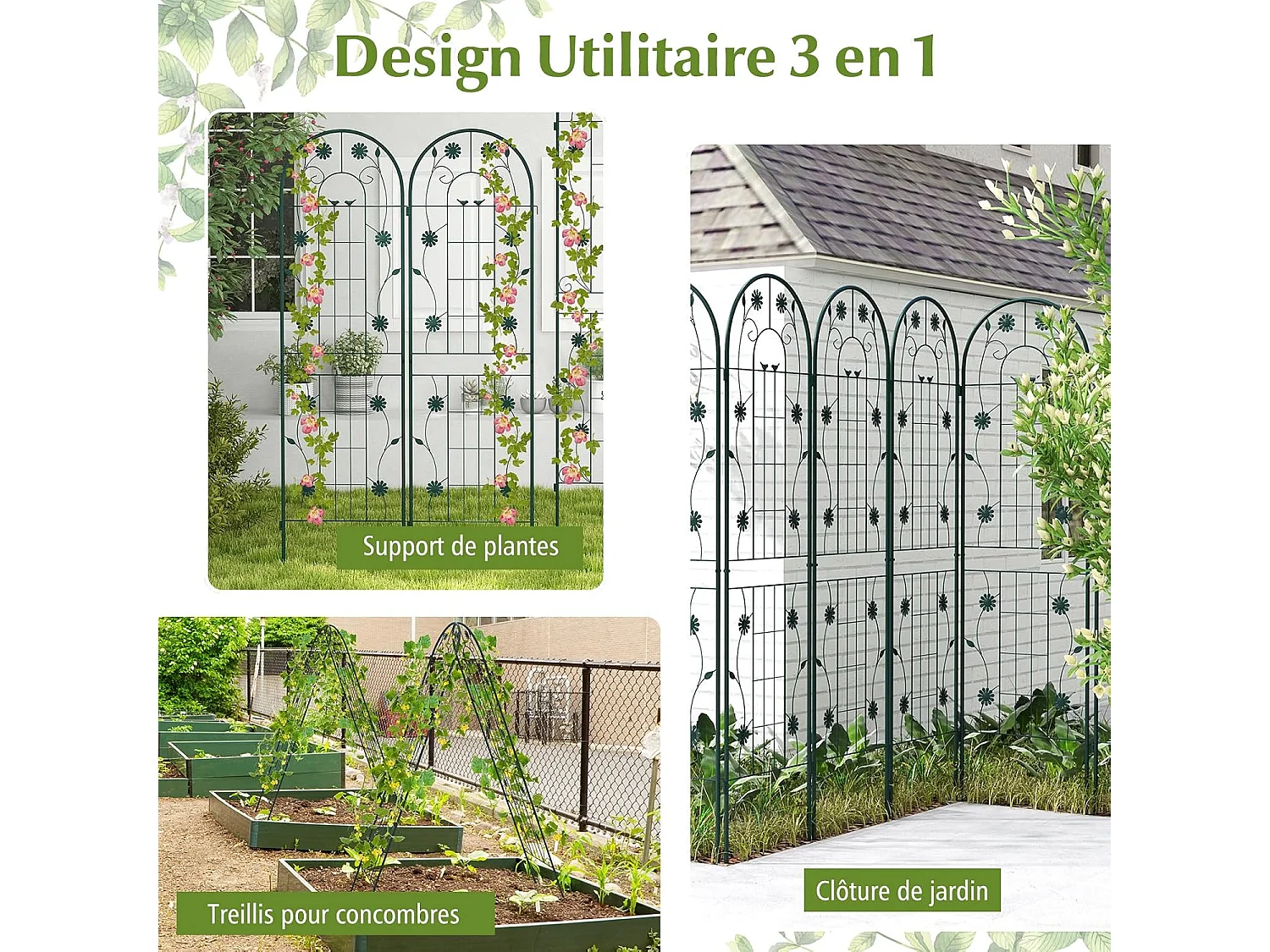 Lot de 2 Treillis de Jardin en Métal 180 x 50 cm, Clôture Décorative pour Plante Grimpante, Grille Fleurs Antirouille pour Jardin, Cour, Patio, Vert