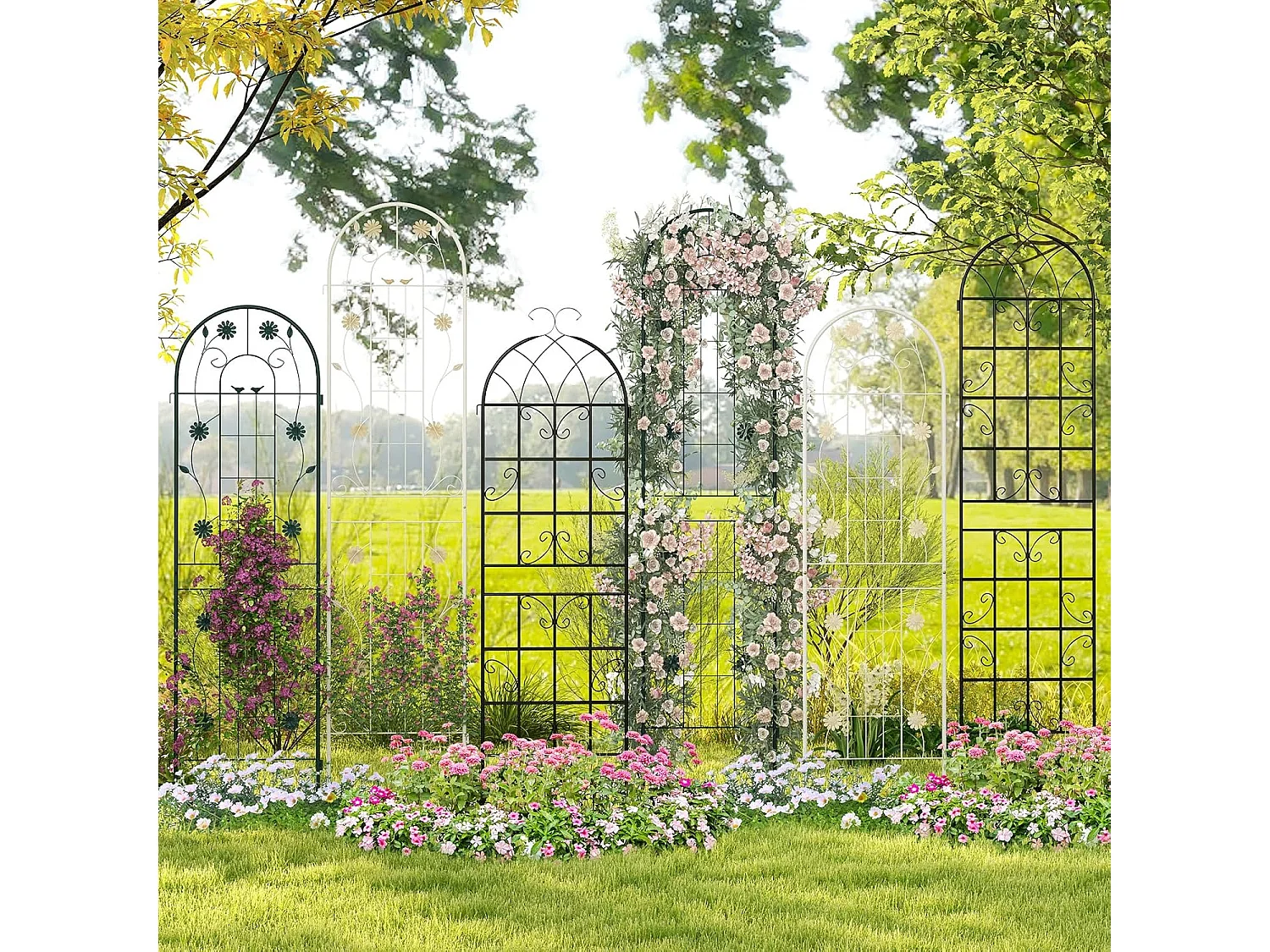 Lot de 2 Treillis de Jardin en Métal 180 x 50 cm, Clôture Décorative pour Plante Grimpante, Grille Fleurs Antirouille pour Jardin, Cour, Patio, Vert