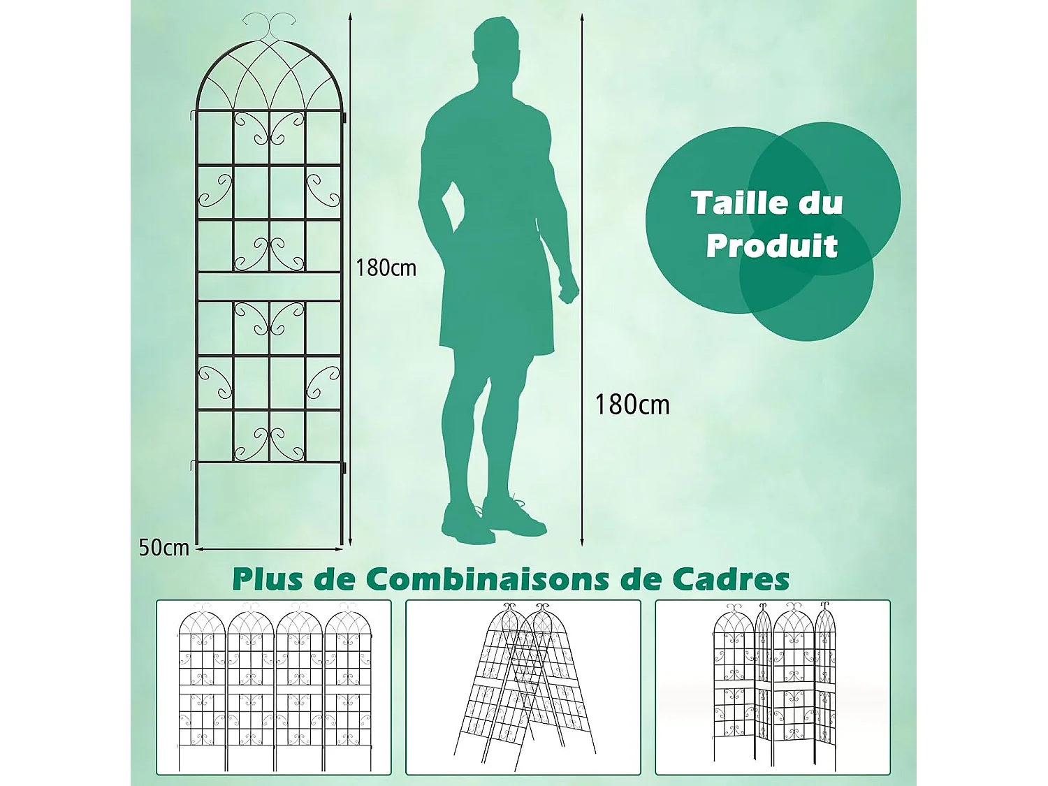 Lot de 2 Treillis de Jardin en Métal 180 x 50 cm, Clôture Décorative pour Plante Grimpante, Grille Fleurs Antirouille pour Jardin, Cour, Patio, Noir