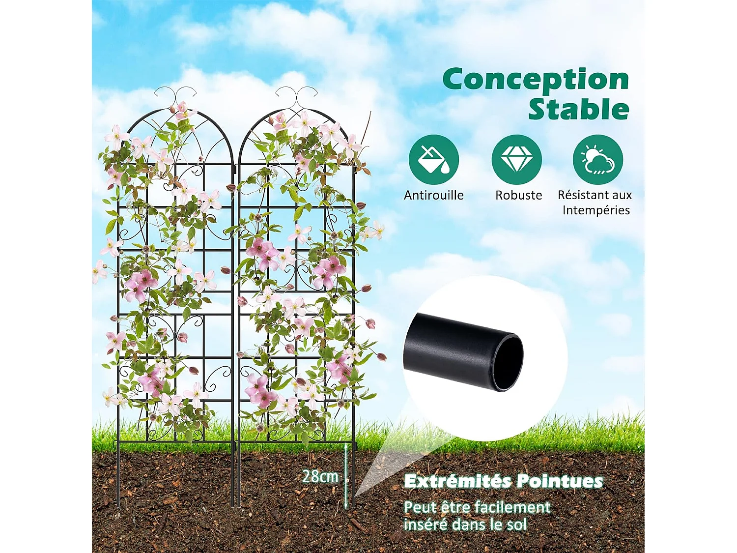 Lot de 2 Treillis de Jardin en Métal 180 x 50 cm, Clôture Décorative pour Plante Grimpante, Grille Fleurs Antirouille pour Jardin, Cour, Patio, Noir