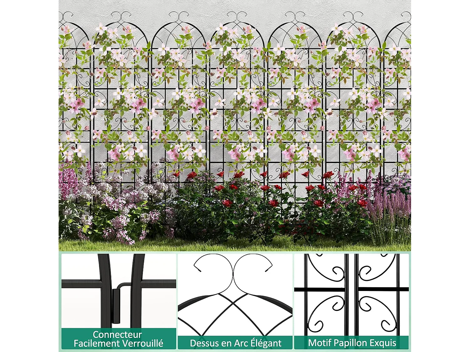 Lot de 2 Treillis de Jardin en Métal 220x50 cm, Clôture Décorative pour Plante Grimpante, Grille Fleurs Antirouille pour Jardin, Cour, Patio, Noir