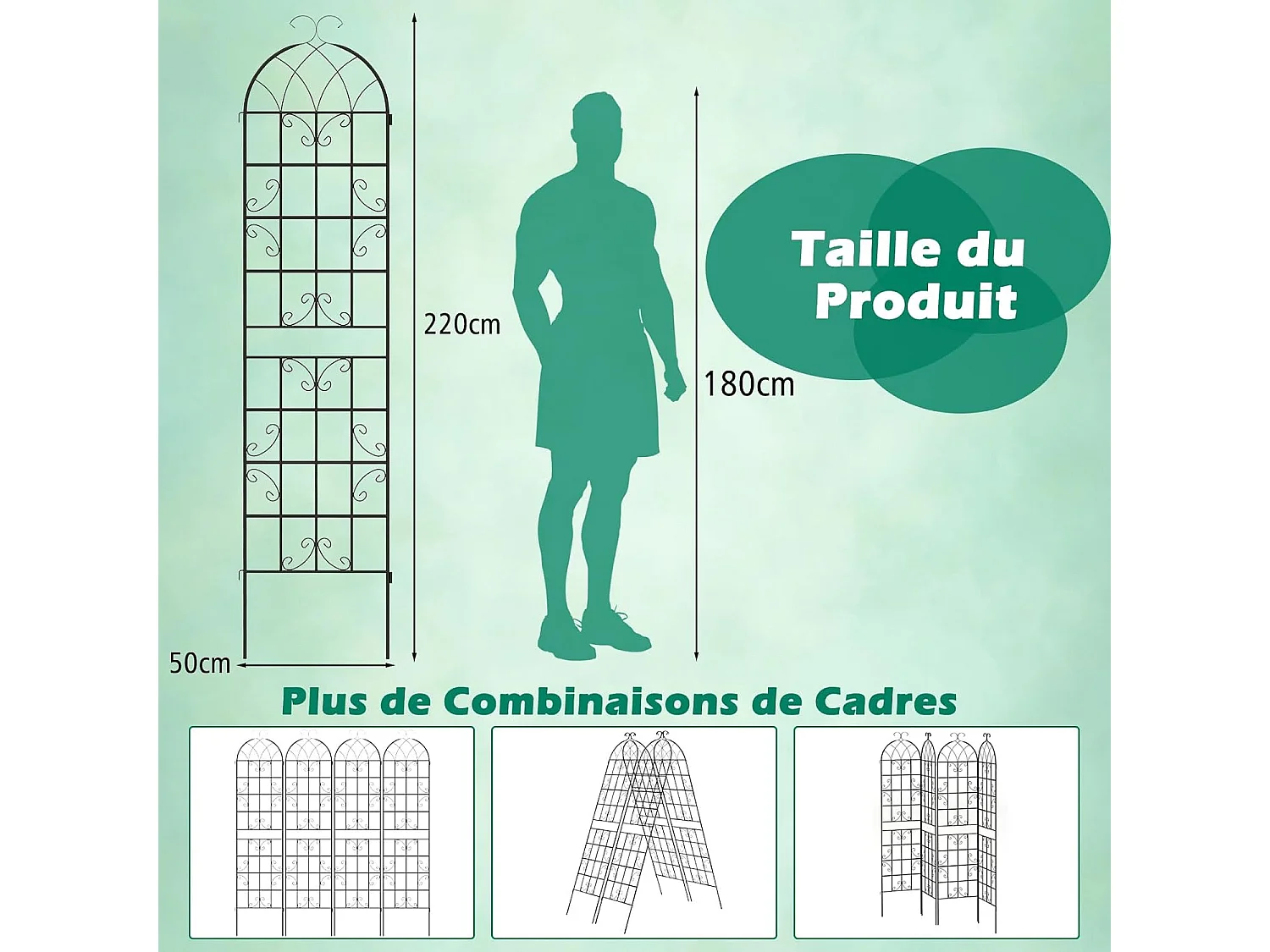 Lot de 2 Treillis de Jardin en Métal 220x50 cm, Clôture Décorative pour Plante Grimpante, Grille Fleurs Antirouille pour Jardin, Cour, Patio, Noir