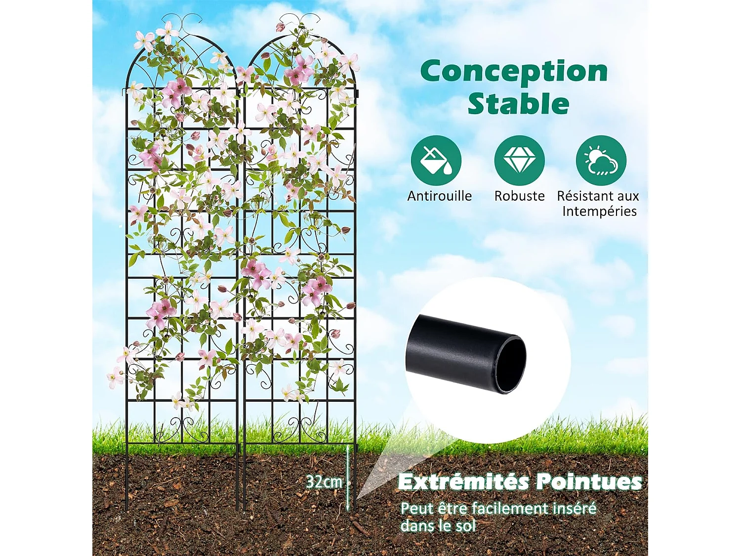 Lot de 2 Treillis de Jardin en Métal 220x50 cm, Clôture Décorative pour Plante Grimpante, Grille Fleurs Antirouille pour Jardin, Cour, Patio, Noir