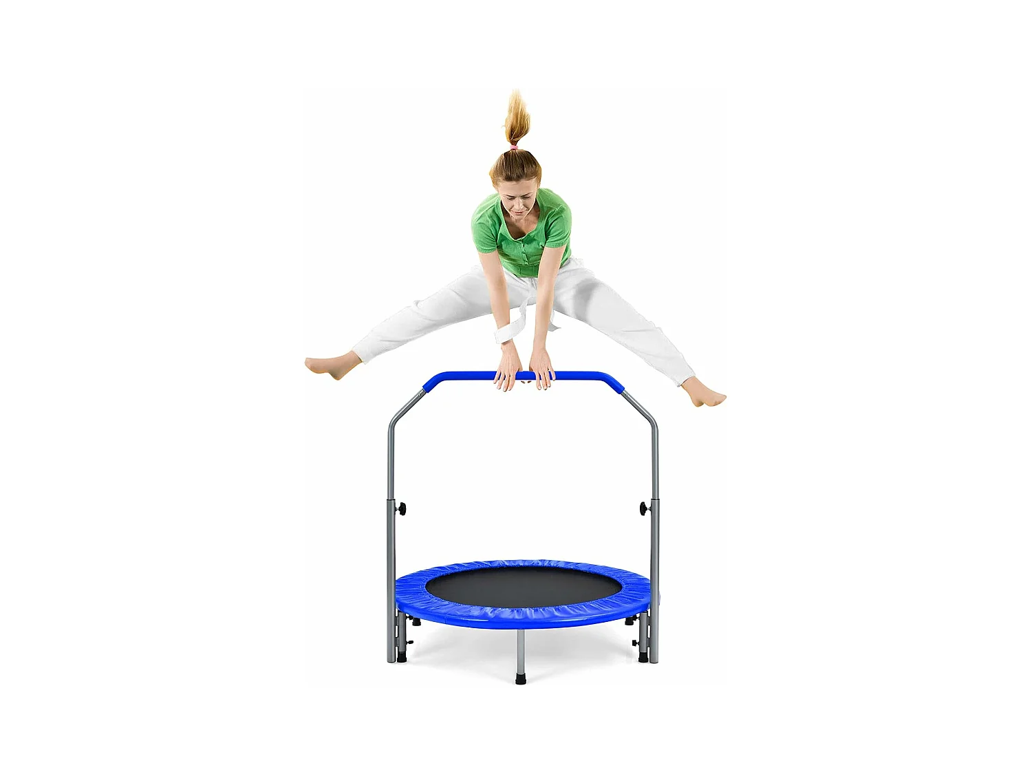 Trampoline de Fitness Pliable 101 cm avec Main Courante en Mousse Hauteur Réglable sur 4 Niveaux Charge 150 kg pour Adultes