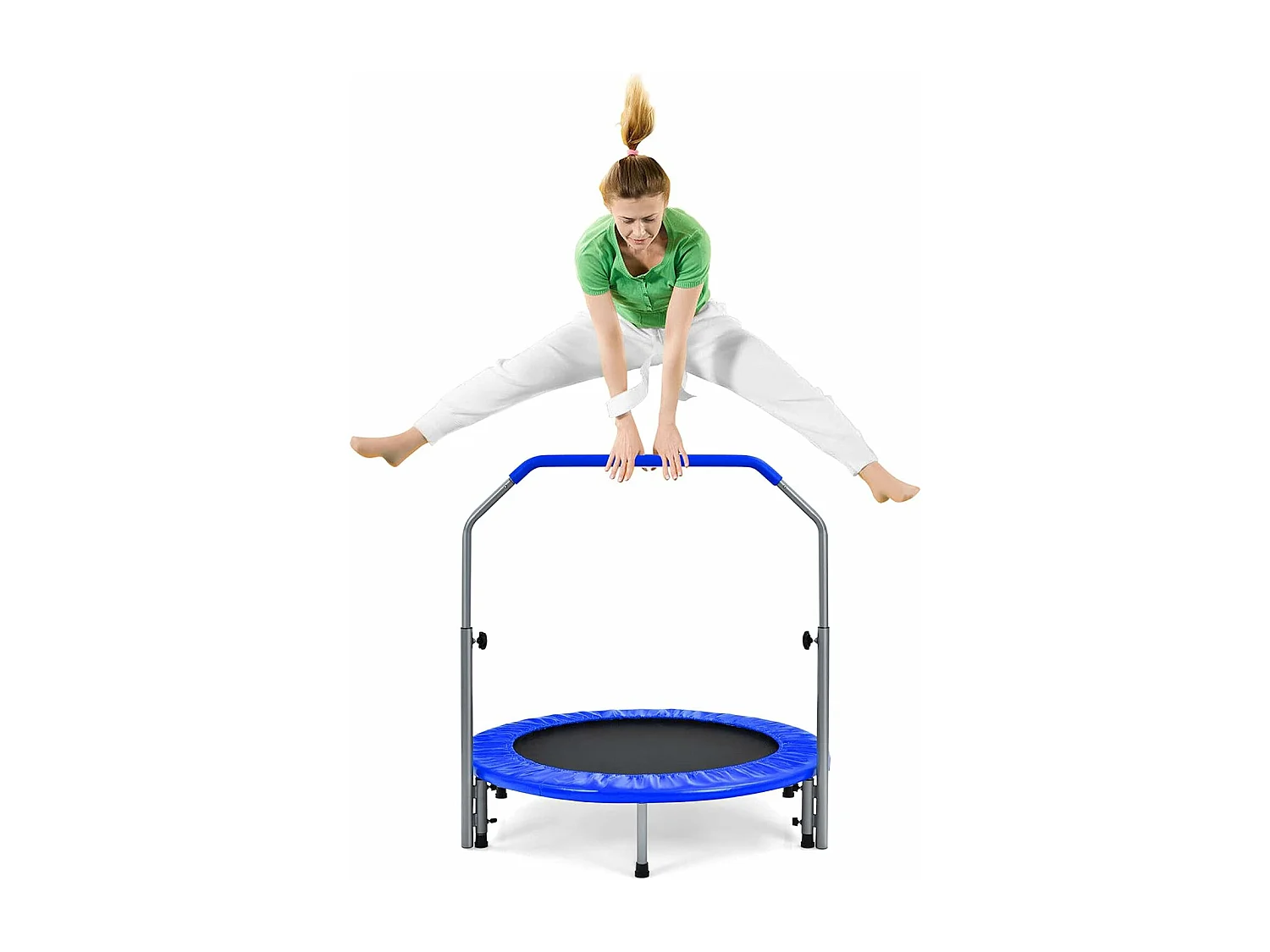 Trampoline de Fitness Pliable 101 cm avec Main Courante en Mousse Hauteur Réglable sur 4 Niveaux Charge 150 kg pour Adultes