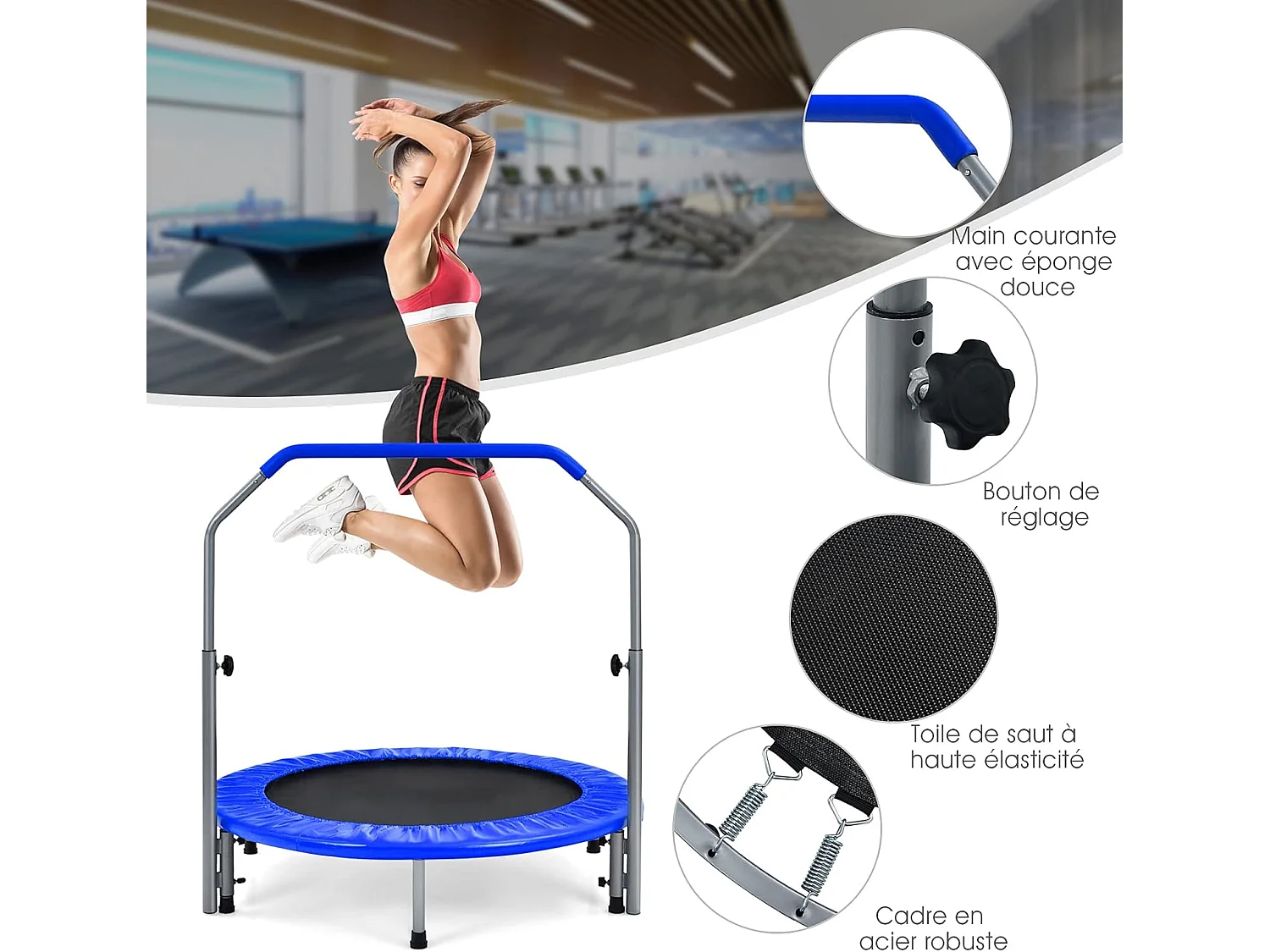 Trampoline de Fitness Pliable 101 cm avec Main Courante en Mousse Hauteur Réglable sur 4 Niveaux Charge 150 kg pour Adultes