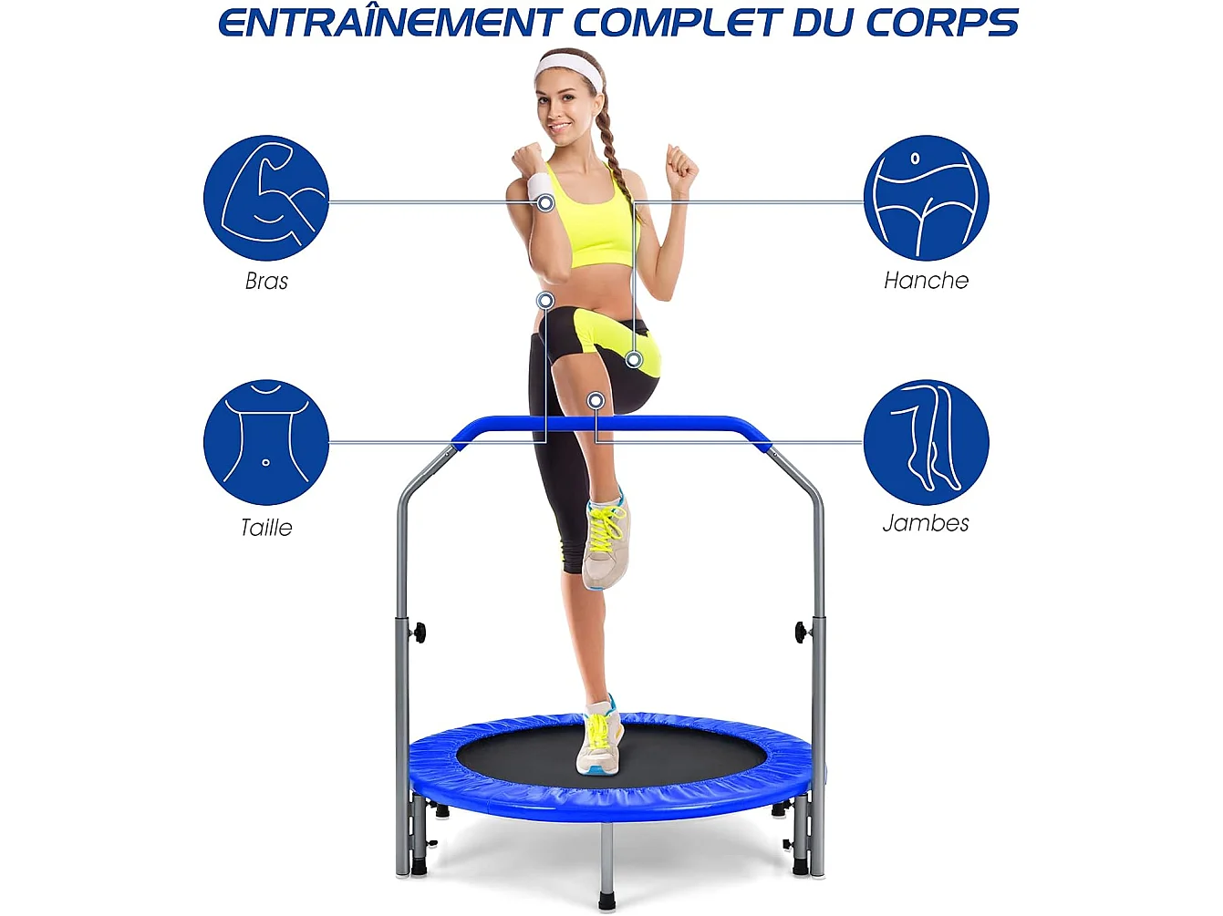 Trampoline de Fitness Pliable 101 cm avec Main Courante en Mousse Hauteur Réglable sur 4 Niveaux Charge 150 kg pour Adultes