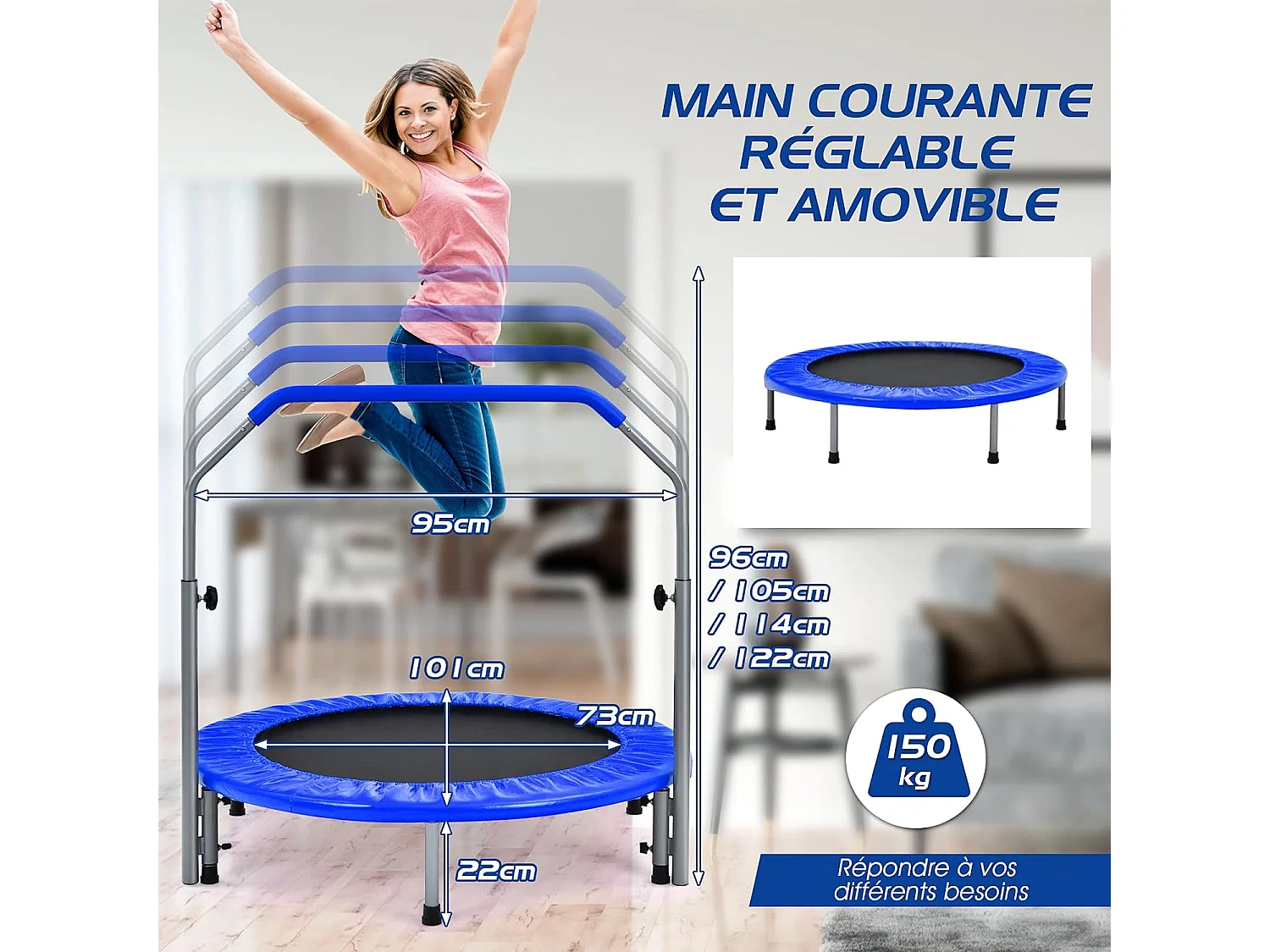 Trampoline de Fitness Pliable 101 cm avec Main Courante en Mousse Hauteur Réglable sur 4 Niveaux Charge 150 kg pour Adultes