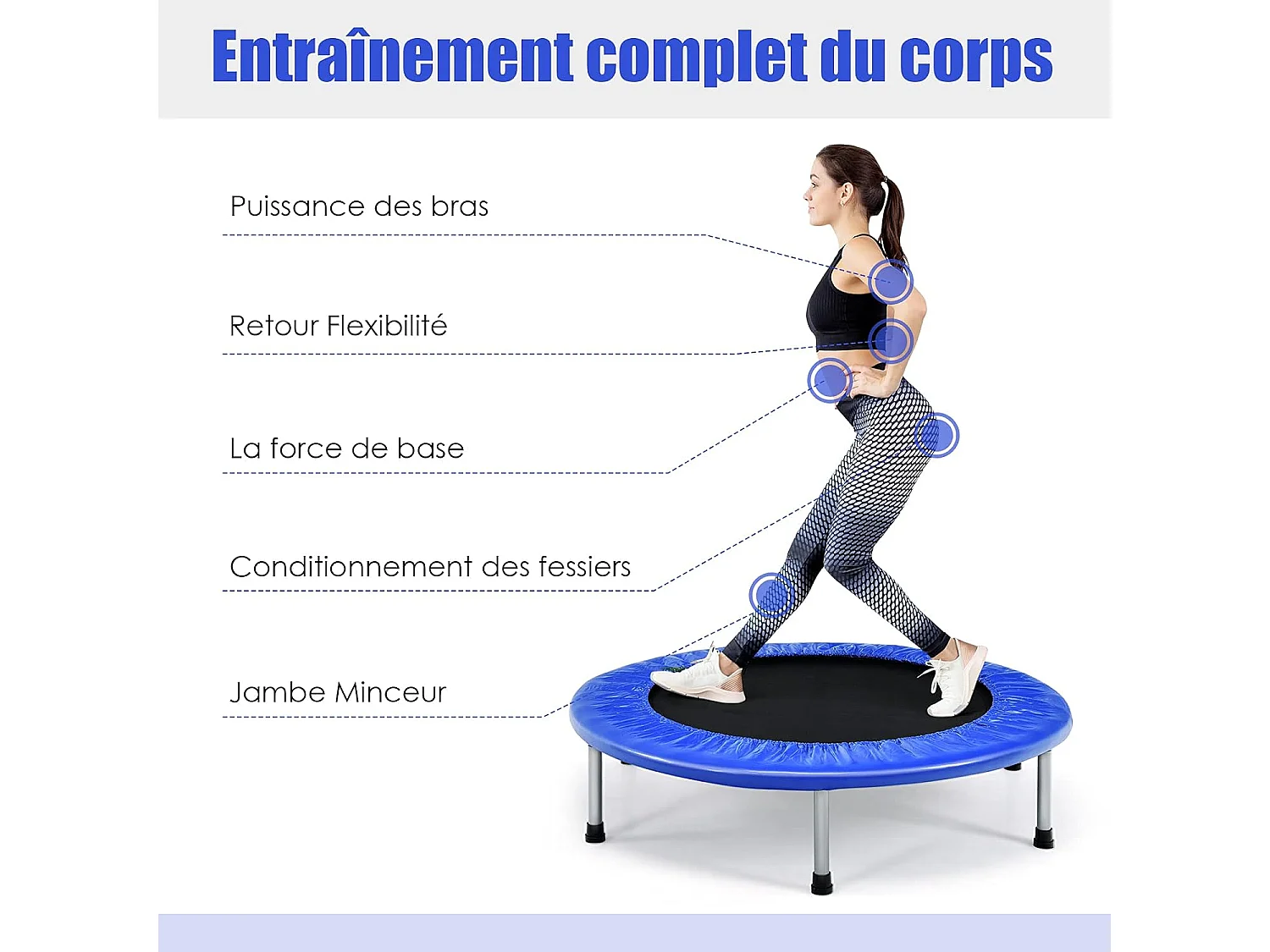 Trampoline de Fitness Pliable Enfant Ø95,5CM Charge Max 150KG avec 32 Ressorts avec Boucle Housse de Protection en PVC Bleu