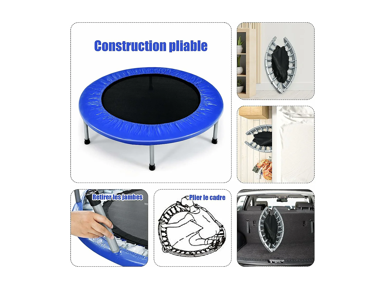 Trampoline de Fitness Pliable Enfant Ø95,5CM Charge Max 150KG avec 32 Ressorts avec Boucle Housse de Protection en PVC Bleu