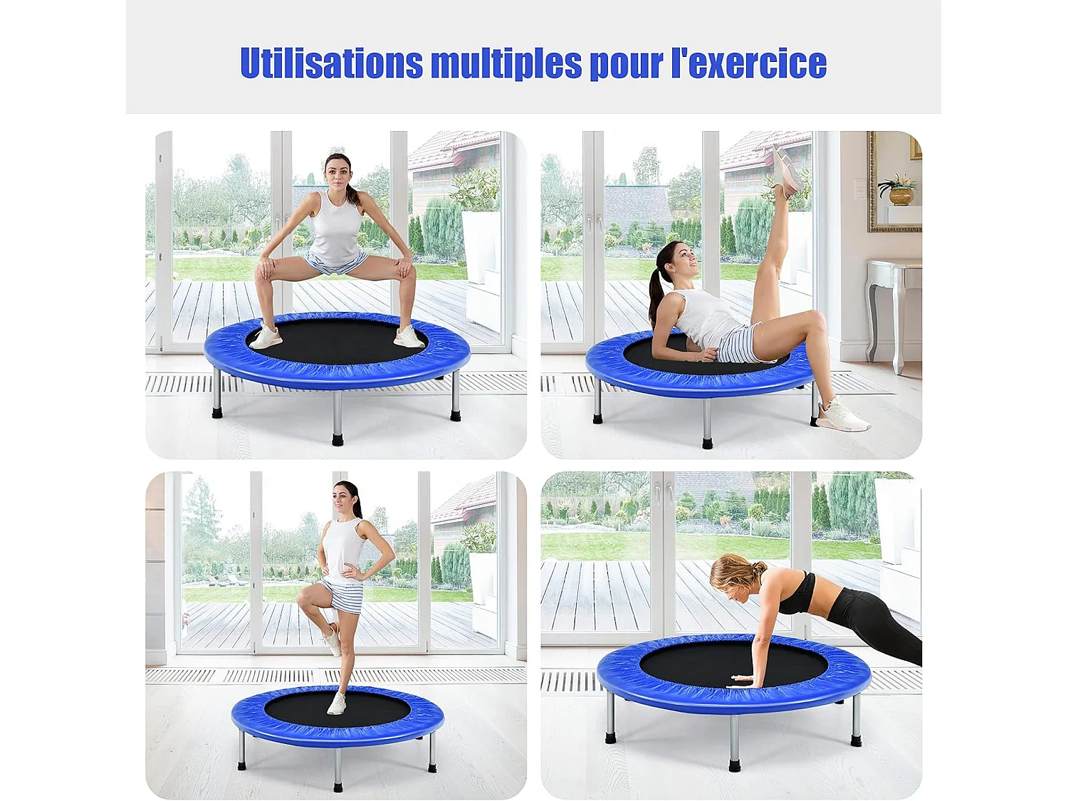 Trampoline de Fitness Pliable Enfant Ø95,5CM Charge Max 150KG avec 32 Ressorts avec Boucle Housse de Protection en PVC Bleu