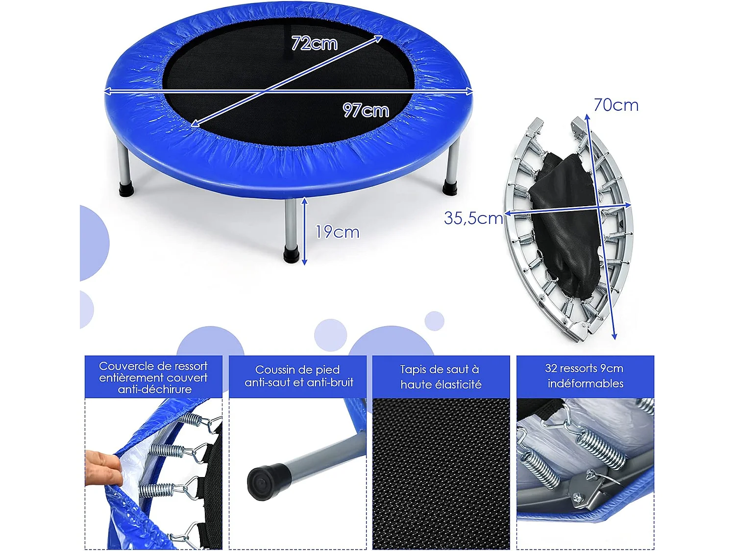 Trampoline de Fitness Pliable Enfant Ø95,5CM Charge Max 150KG avec 32 Ressorts avec Boucle Housse de Protection en PVC Bleu