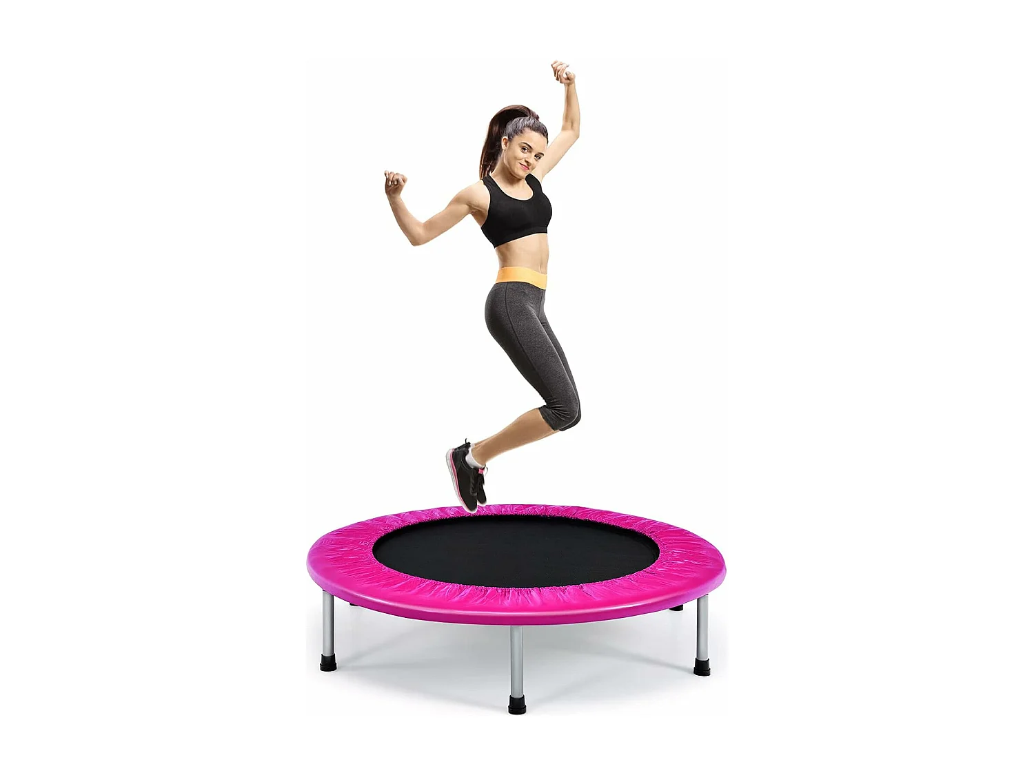 Trampoline de Fitness Pliable Enfant Ø95,5CM Charge Max 150KG avec 32 Ressorts avec Boucle Housse de Protection en PVC Rose