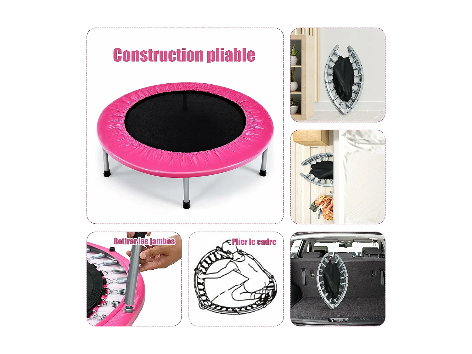 Trampoline de Fitness Pliable Enfant Ø95,5CM Charge Max 150KG avec 32 Ressorts avec Boucle Housse de Protection en PVC Rose