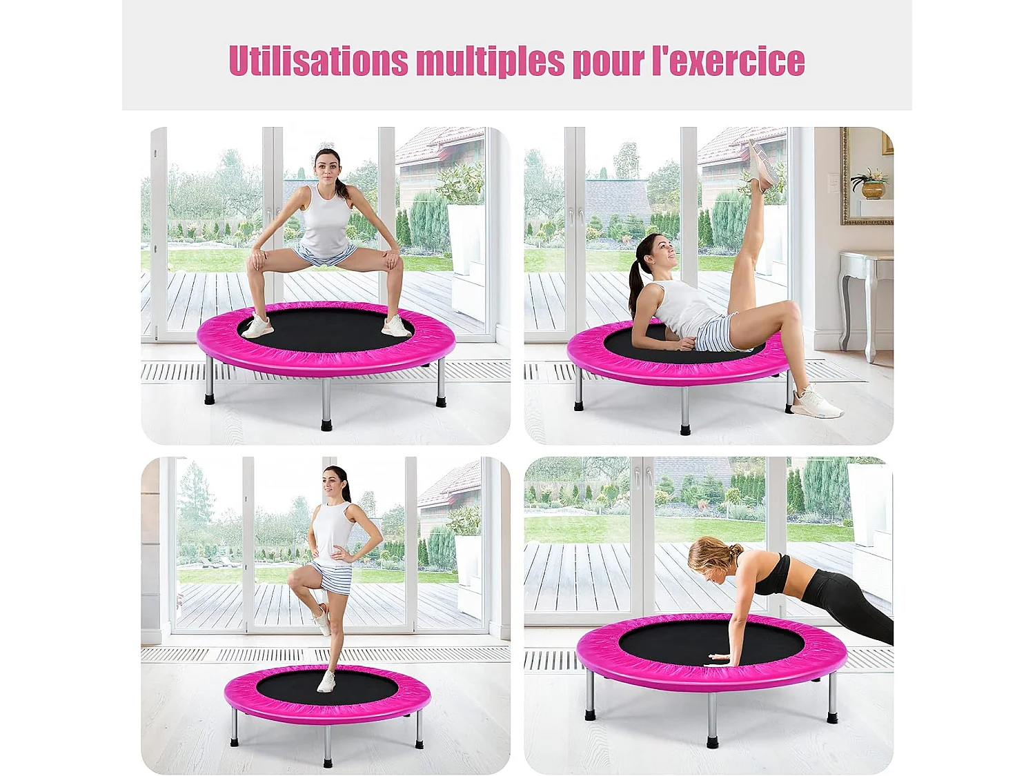 Trampoline de Fitness Pliable Enfant Ø95,5CM Charge Max 150KG avec 32 Ressorts avec Boucle Housse de Protection en PVC Rose