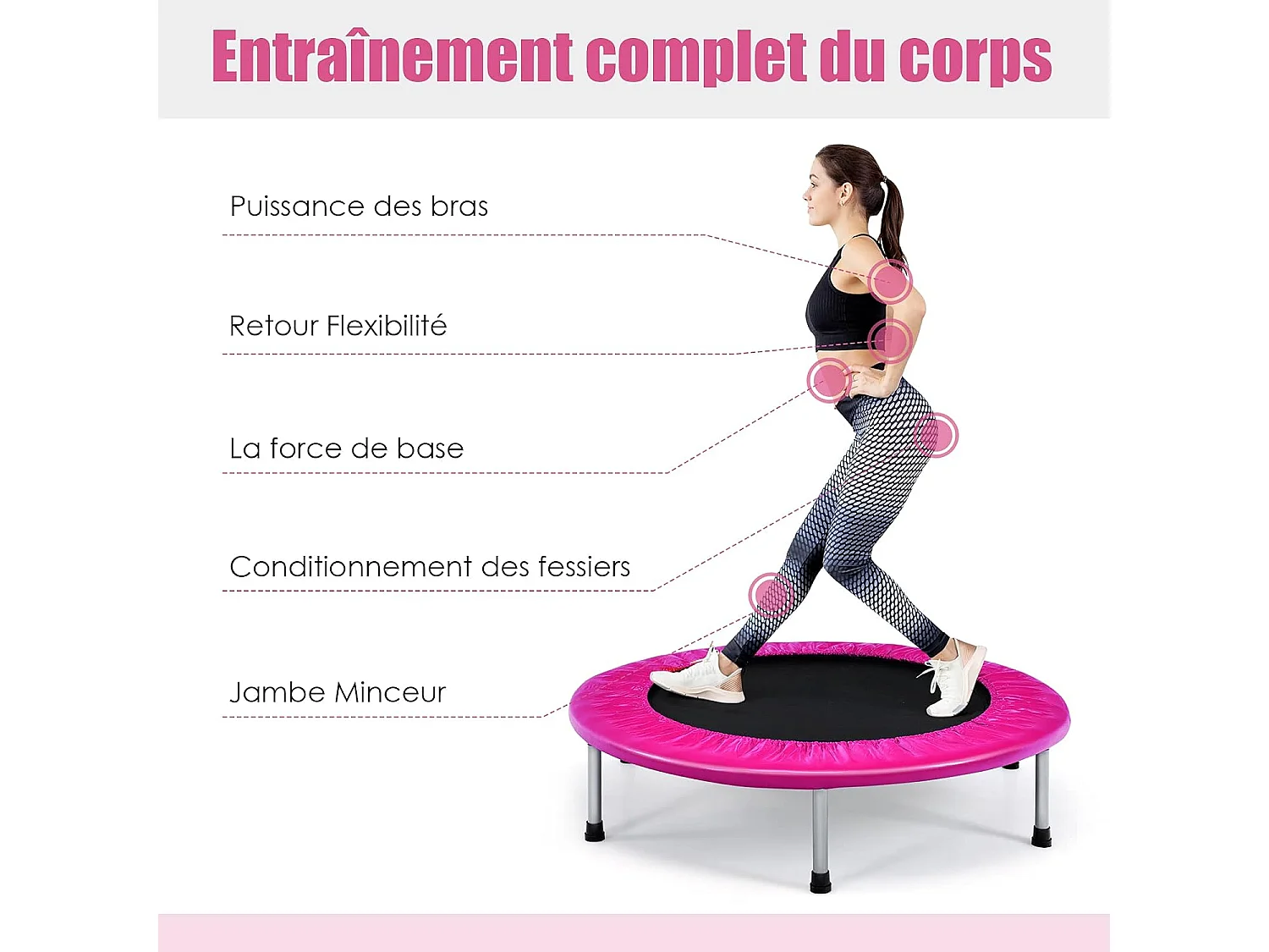 Trampoline de Fitness Pliable Enfant Ø95,5CM Charge Max 150KG avec 32 Ressorts avec Boucle Housse de Protection en PVC Rose