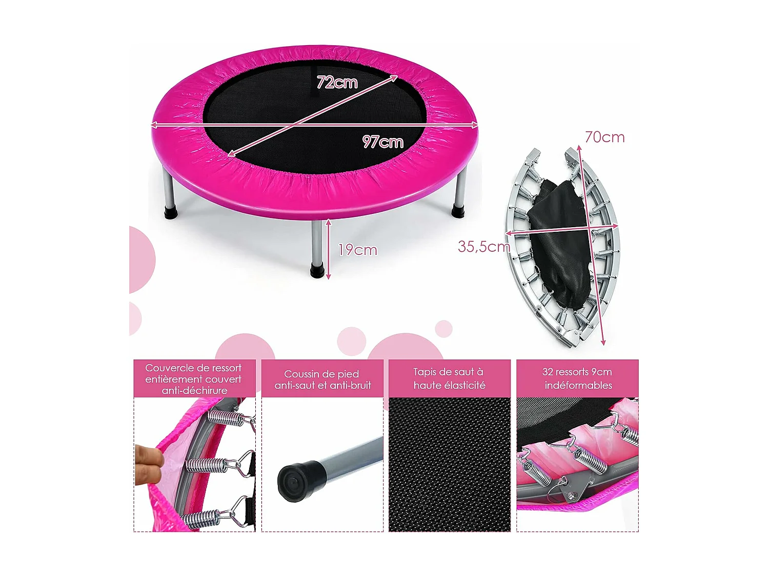 Trampoline de Fitness Pliable Enfant Ø95,5CM Charge Max 150KG avec 32 Ressorts avec Boucle Housse de Protection en PVC Rose