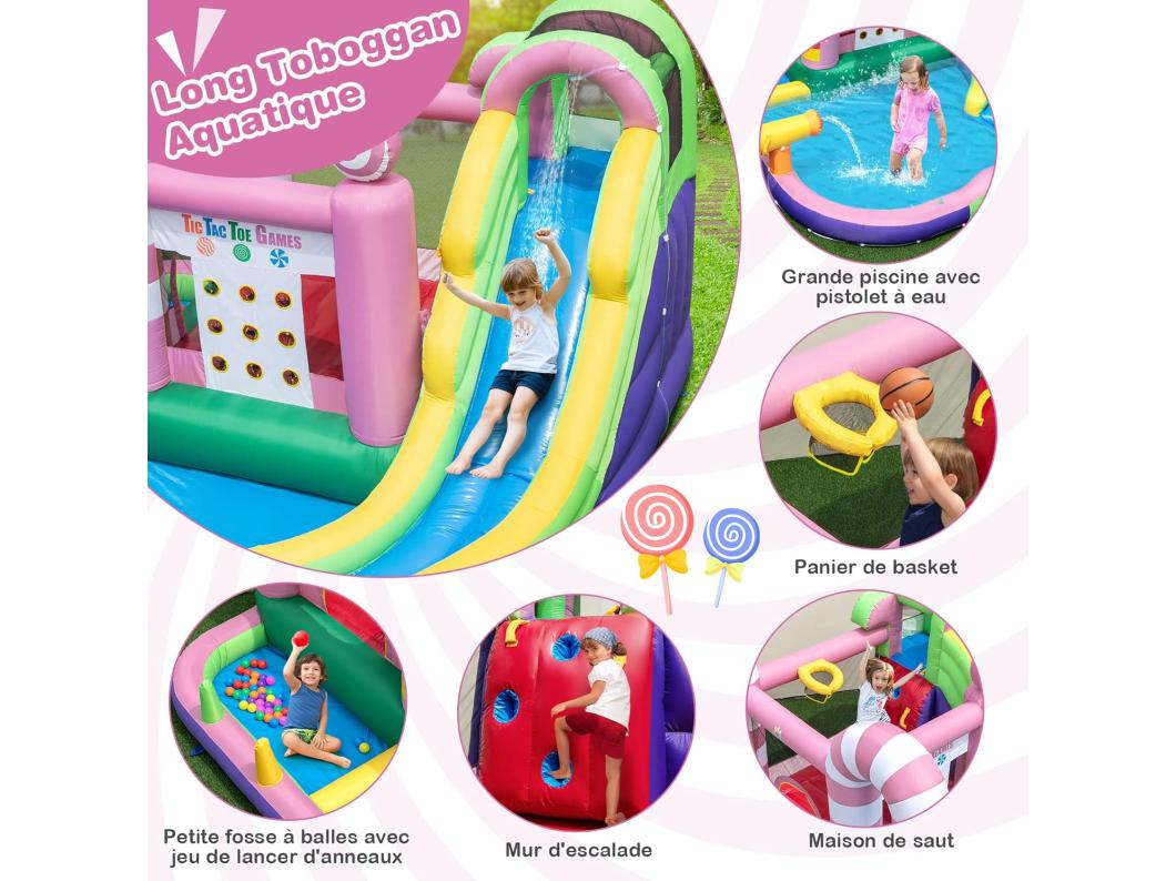 9 en 1 Château Gonflable en Forme Bonbons avec Toboggan, Maison de Saut Gonflable avec Pistolet à Eau, Jeu Tic-Tac-Toe, 50 Boules, Charge 90kg pour 2 Enfants de 3-10 Ans（avec souffleur 680W